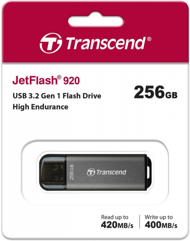 Флэш-накопитель 256 GB Transcend JetFlash 920 (черно-серый, алюминий, 400 MB/s 420 MB/s 62x20x7.8 мм, коннектор закрывается колпачком, USB 3.0 Type-A)