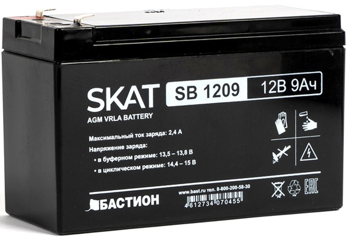 Аккумулятор SKAT SB 1209 (12V  / 9 Ah, lead-acid, F1 , Iзар.2,7 А, ножевые клеммы)