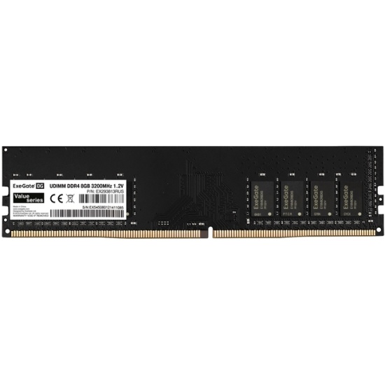Память DIMM DDR4 8 GB (PC4-25600, 3200 MHz) ExeGate HiPower (1 шт x 8 ГБ, CL 19-19-19, 1.2 В, Single rank x8, высота 31 мм, без радиаторов) [ EX293814