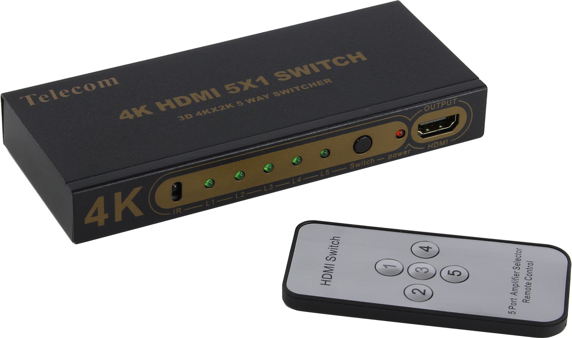 Переключатель HDMI Telecom (5 входов, 1 выход, ПДУ, v1.4, блок питания) [ TTS7105 ]