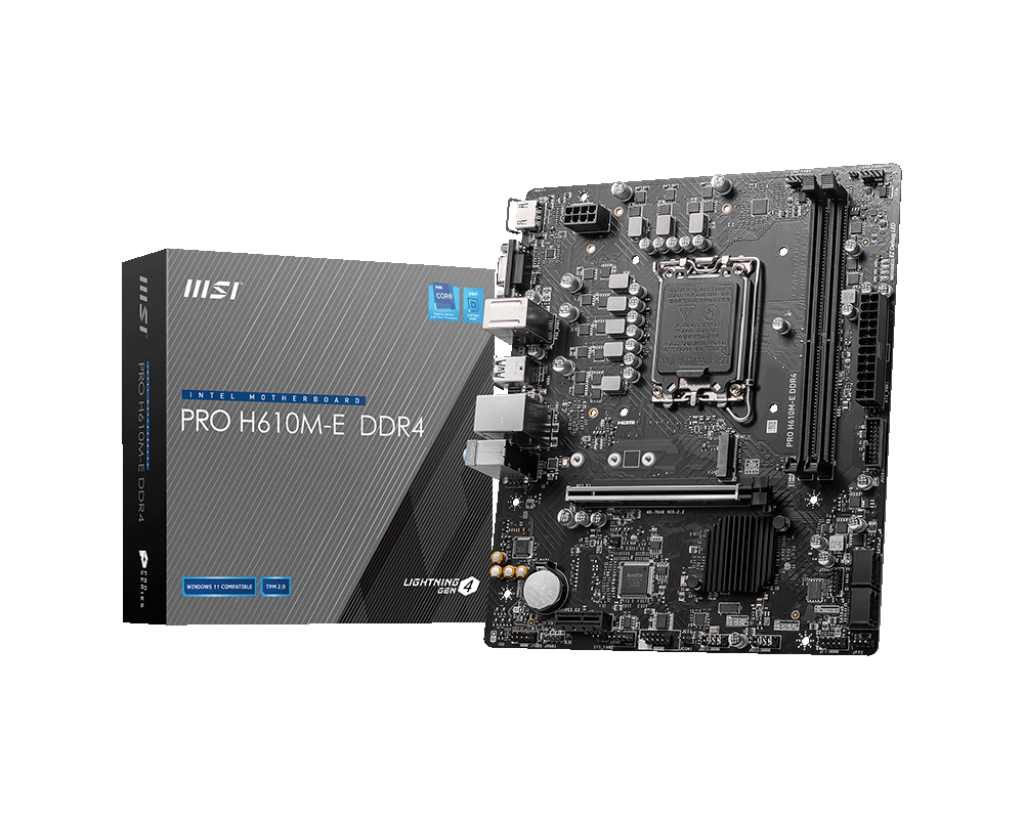 Материнская плата MSI PRO H610M-E DDR4 Retail (Intel, H610, S - 1700, mATX, Dual channel DDR4-3200, 2 slots, (до 64 GB), SATA: 4, SATA600, M.2 SSD: 1,