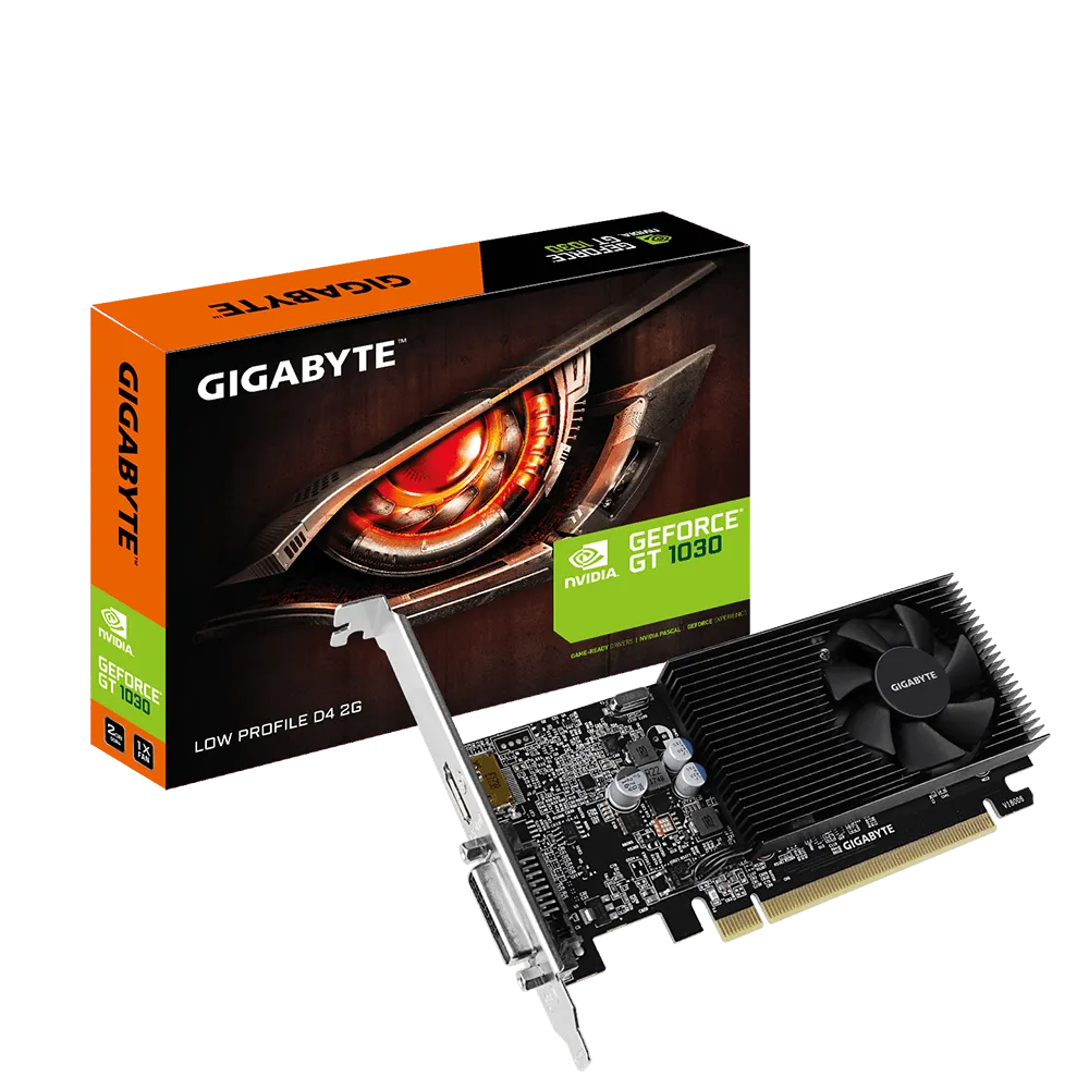 Видеокарта Gigabyte GeForce GT 1030 Low Profile D4 2G (PCI-E 3.0, 2048 MB, DDR4, 64 bit, Base: 1151 MHz, Boost: 1417 MHz, 2100 MHz, 14nm, GP108-300, 3