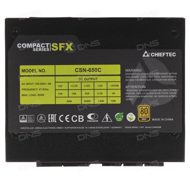 Блок  питания 650 Вт Chieftec Compact Series (CSN-650C) Retail (SFX12V, +12 В, активный PFC, вентилятор 80 мм, 80 PLUS Gold, полностью отстегивающиеся кабели, ATX12V: 20+4 / 4+4 pin, PCI-E: 2 x 6+2 pin, SATA 15p x 4, Molex 4p x 3, FDD x 1, длина 100 мм, ч
