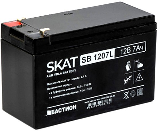 Аккумулятор SKAT SB 1207L (12V  / 7 Ah, lead-acid, F1 , Iзар.2,1 А, ножевые клеммы)