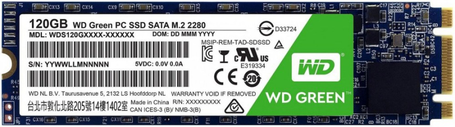 Накопитель SSD M.2 120GB WD Green (WDS120G2G0B) Retail (545/430МБ/сек, 37K/63K IOPS, SATA600, 3D TLC, TBW 40, M.2 2280)