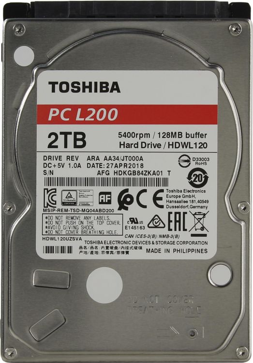 Жесткий диск 2.5" 2TB Toshiba L200 Series (HDWL120UZSVA) (5400об/м, 128MB, SATA600, для мобильных ПК, AF 4Kn, толщина 9.5 мм) OEM