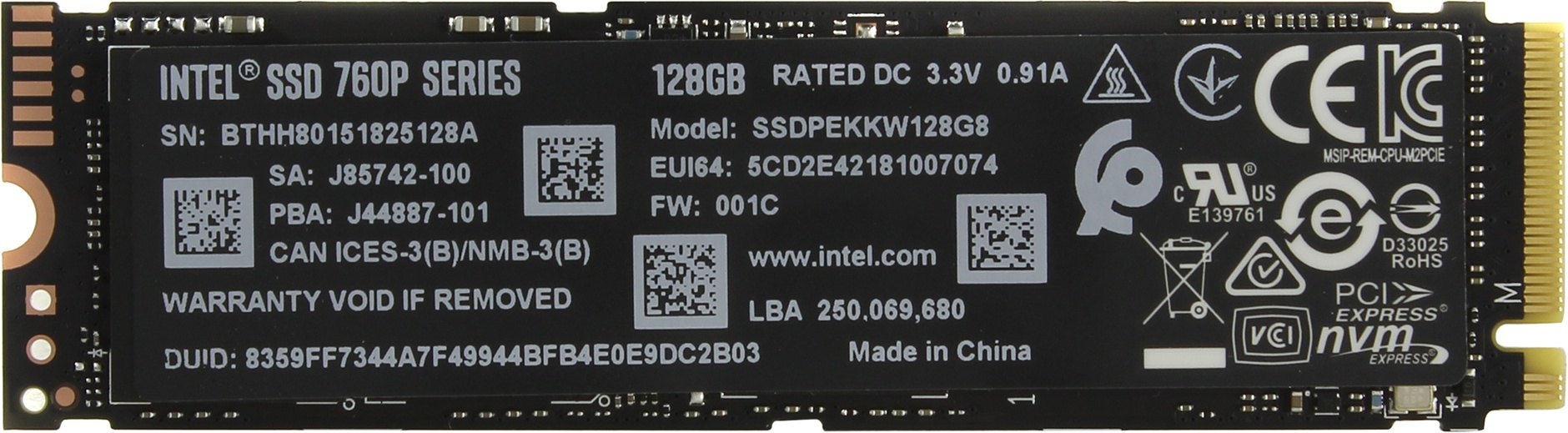Накопитель SSD M.2 128GB Intel 760p Series (Harris Harbor) (SSDPEKKW128G8XT) Retail (1640/650МБ/сек, 105K/160K IOPS, NVMe PCI-Ex4 3.0, 3D TLC, TBW 72)