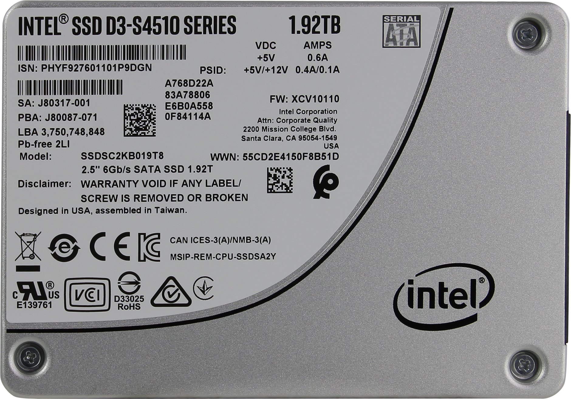 Накопитель SSD серверный 2,5" SerialATA 1920 GB Intel D3-S4510 Series (Youngsville Refresh) (SSDSC2KB019T801) Retail (560 МБ/сек, 510 МБ/сек, read: 97