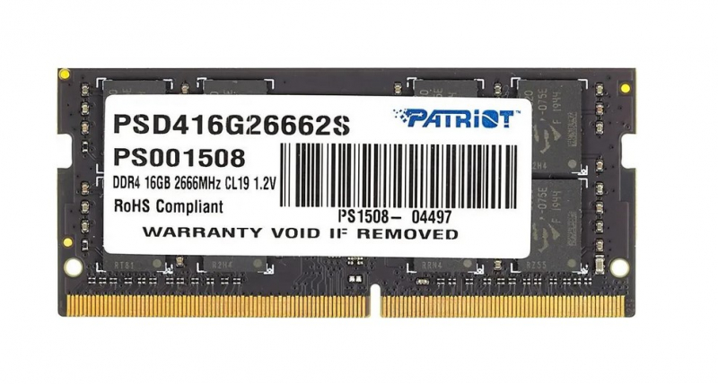Память SODIMM DDR4 16GB (PC4-21300, 2666MHz) Patriot (1шт x 16ГБ, CL 19-19-19-43, 1.2 В, Dual rank x8, высота 30 мм) [ PSD416G26662S ]