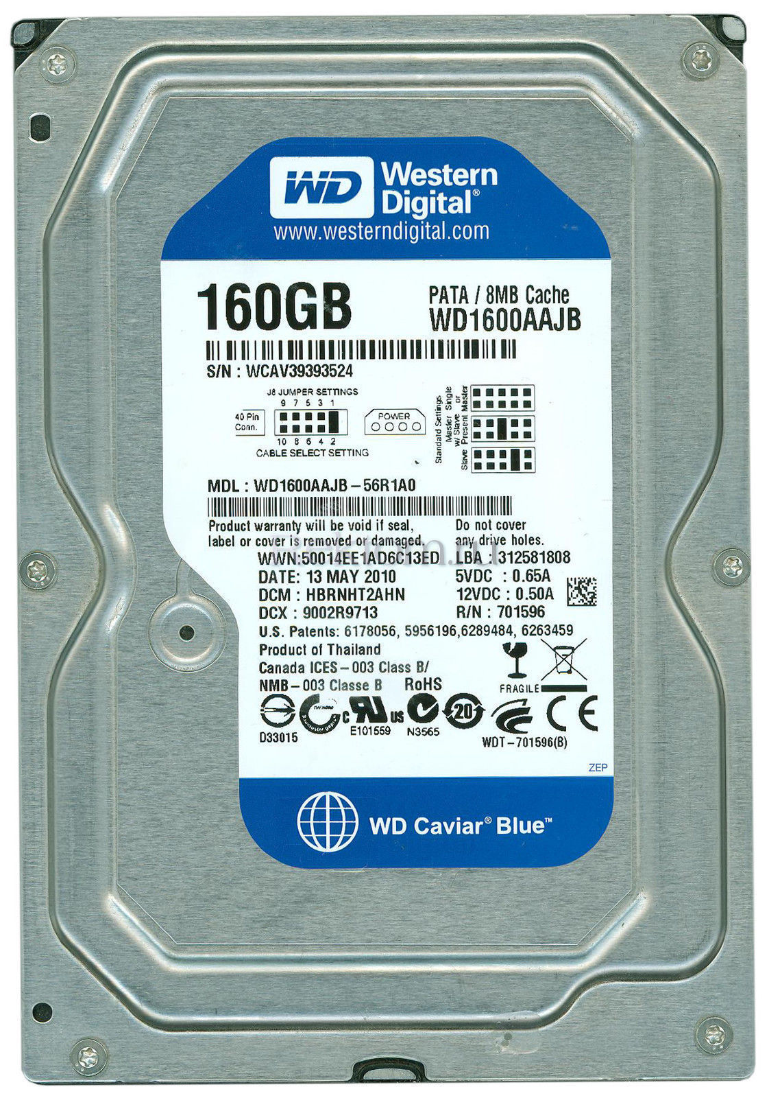 Жесткий диск 3.5" 160GB WD Blue (WD1600AAJB) (7200об/м, 8MB, IDE Ultra ATA/100) OEM