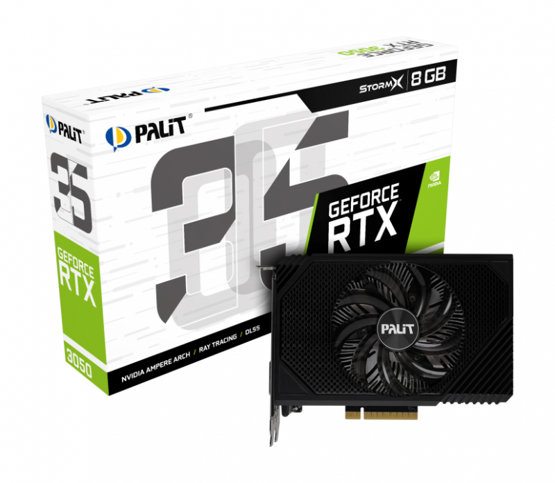 Видеокарта Palit GeForce RTX 3050 StormX (PCI-E 4.0, 8GB GDDR6, 128 bit, 1552-1777 MHz, 14000 MHz, 1-fan, DVI-D/DP/HDMI) NE63050018P1-1070F