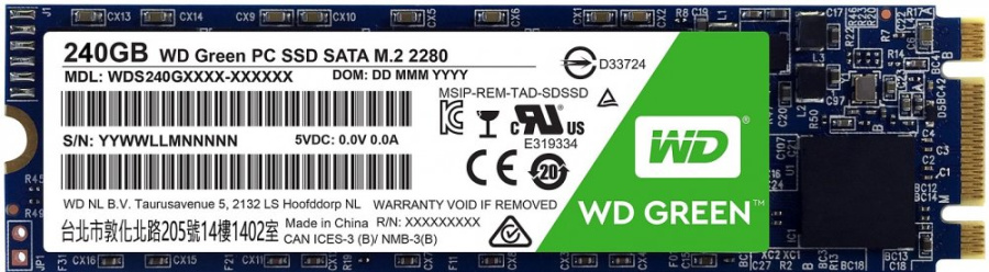 Накопитель SSD M.2 240GB WD Green (WDS240G2G0B) Retail (545/465МБ/сек, 37K/68K IOPS, SATA600, 3D TLC, TBW 40, M.2 2280)