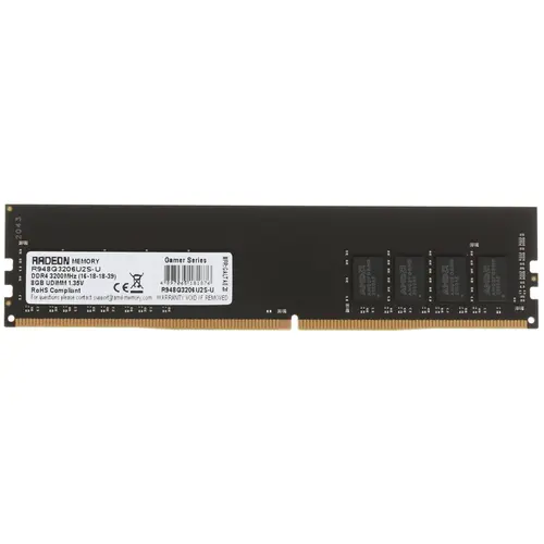 Память DIMM DDR4 8GB (PC4-25600, 3200MHz) AMD Radeon R9 Gamer (1шт x 8ГБ, CL 16-18-18-39, 1.35 В, Single rank x8, высота 32 мм, без радиаторов)