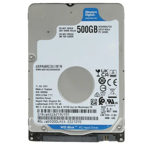 Жесткий диск SerialATA 2.5" 500 GB WD Blue (WD5000LPZX) (5400 об/м, 128 MB, SATA600, для мобильных ПК, Advanced Format 4Kn, толщина 7 мм) OEM [ WD5000