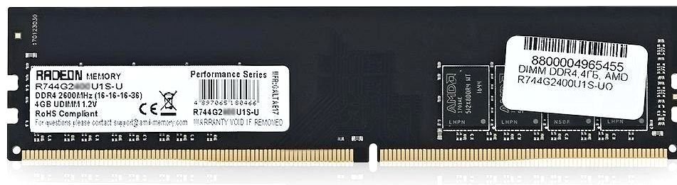 Память DIMM DDR4 4GB (PC4-21300, 2666MHz) AMD Radeon R7 Perfomance (1шт x 4ГБ, CL 16-18-18-38, 1.2 В, Single rank x8, высота 31.25 мм, без радиато
