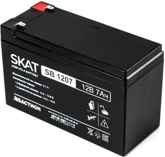 Аккумулятор SKAT SB 1207 (12V  / 7 Ah, lead-acid, F1 , Iзар.2,1 А, ножевые клеммы)