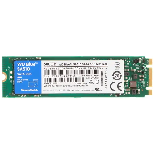 Накопитель SSD M.2 500 GB WD Blue SA510 (WDS500G3B0B) Retail (560 МБ/сек, 510 МБ/сек, 3D TLC, SATA, TBW 200)