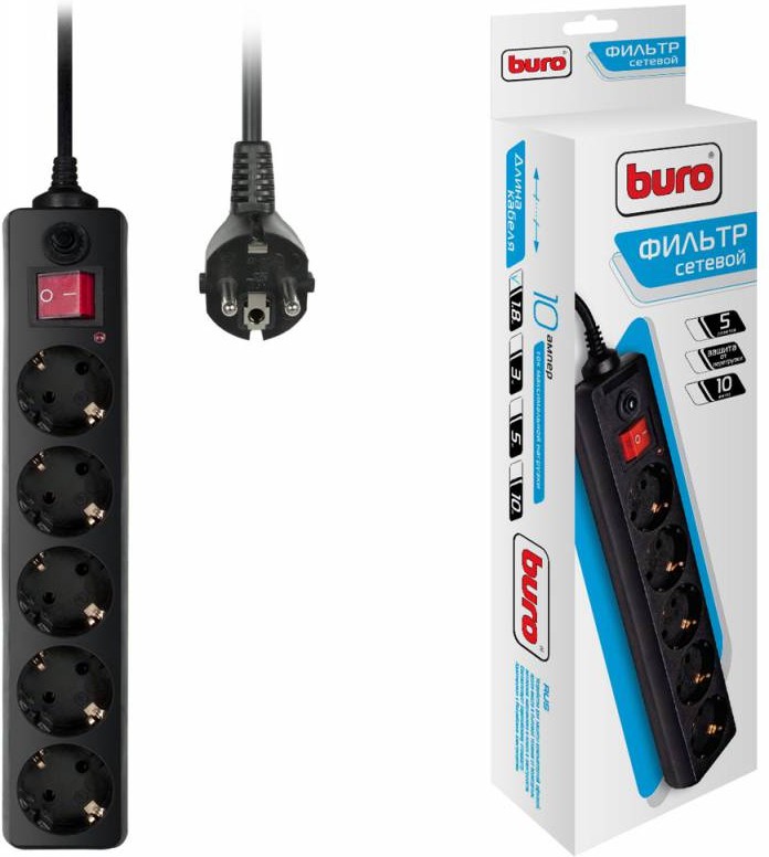 Сетевой фильтр Buro [ 500SH-1.8-B ] (5 розеток, черный, 1,8 м, 2,2 кВт, защита от импульсных помех)
