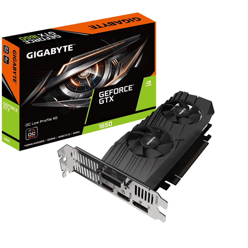 Видеокарта Gigabyte GeForce GTX 1650 D6 OC Low Profile 4G (PCI-E 3.0, 4096 MB, GDDR6, 128 bit, Base: 1590 MHz, Boost: 1620 MHz, 12000 MHz, 12nm, TU117