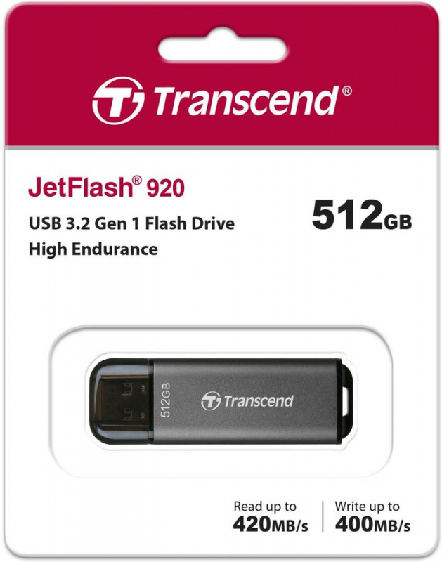 Флэш-накопитель 512 GB Transcend JetFlash 920 (черно-серый, алюминий, 400 MB/s 420 MB/s 62x20x7.8 мм, коннектор закрывается колпачком, USB 3.0 Type-A)